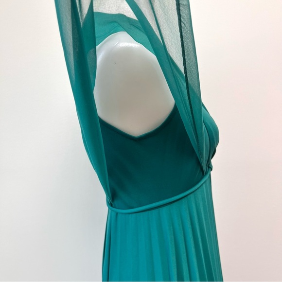Vintage Mid Century Teal Chiffon Cape Pleated Formal Goddess Maxi Dress Gown - Picture 13 of 13